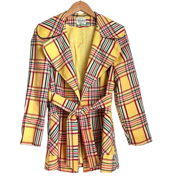Vtg 70s Swingles Plaid Belted Trench Jacket Yellow Madras Check Made USA Union - Picture 1 of 13